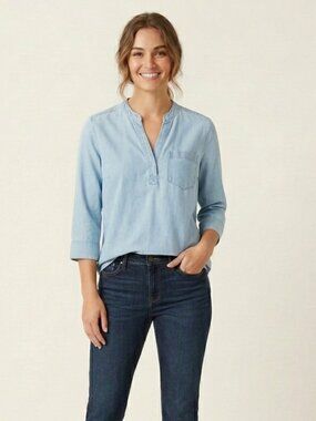 *3 FOR $9* Grand & Greene 3/4 Length Sleeve Denim Look Shirt top Blouse V-Neck S
